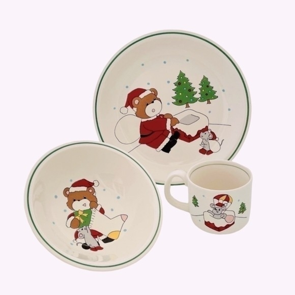 Home Beautiful Down the Chimney Christmas Child Plate Bowl Mug Set NIB